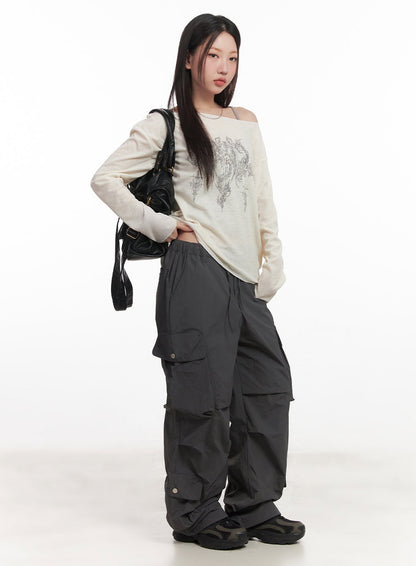 Graphic Off-Shoulder Long Sleeve Top CA518