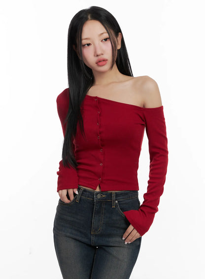 Asymmetric Buttoned Shoulder Top CD501