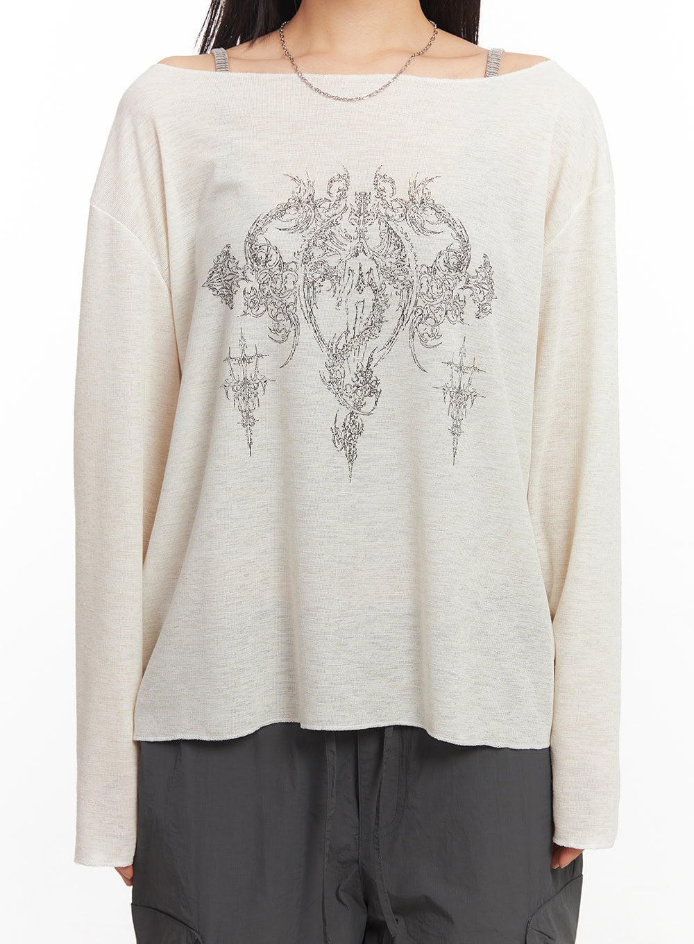 Graphic Off-Shoulder Long Sleeve Top CA518