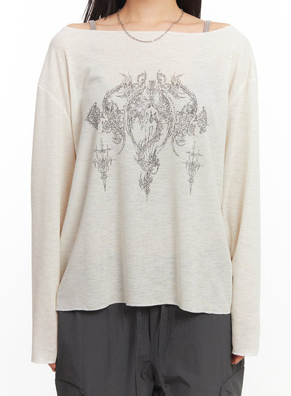Graphic Off-Shoulder Long Sleeve Top CA518
