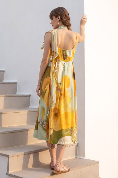 Yellow Printed -Maxi Dress with Scarf