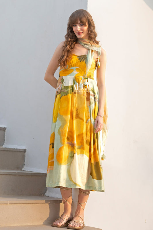 Yellow Printed -Maxi Dress with Scarf