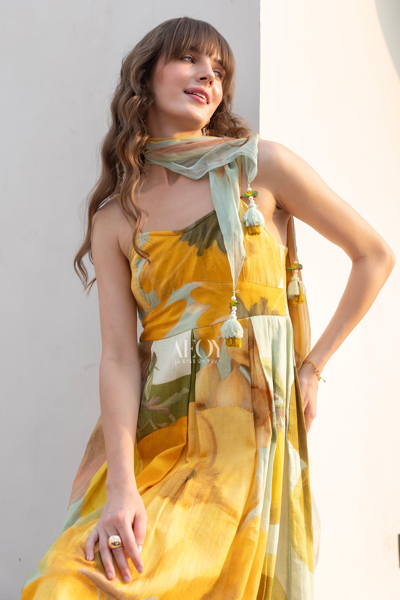 Yellow Printed -Maxi Dress with Scarf