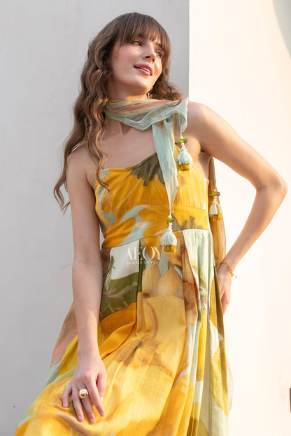 Yellow Printed -Maxi Dress with Scarf