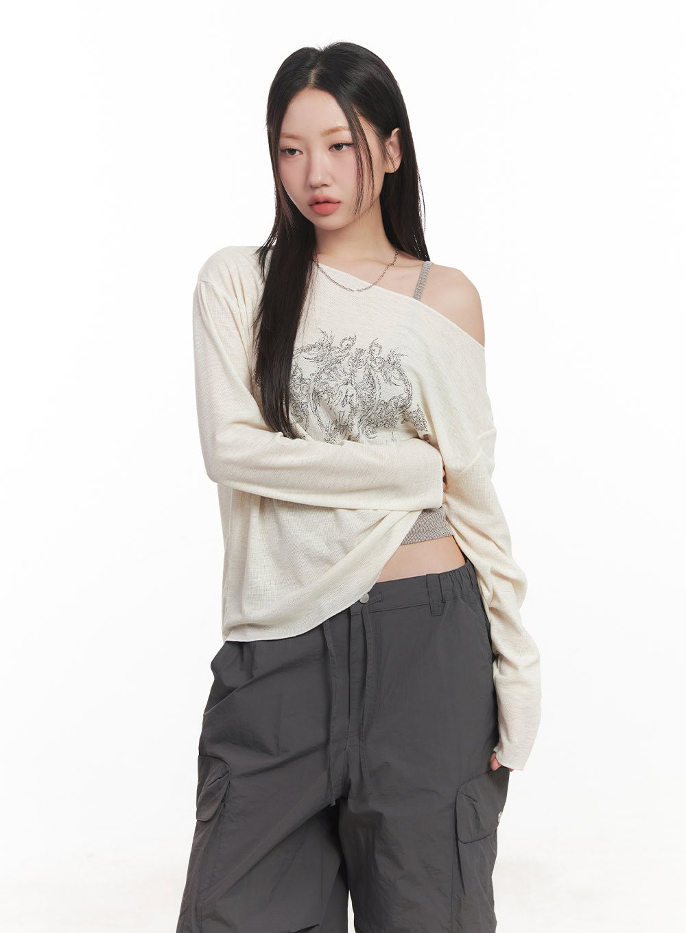 Graphic Off-Shoulder Long Sleeve Top CA518