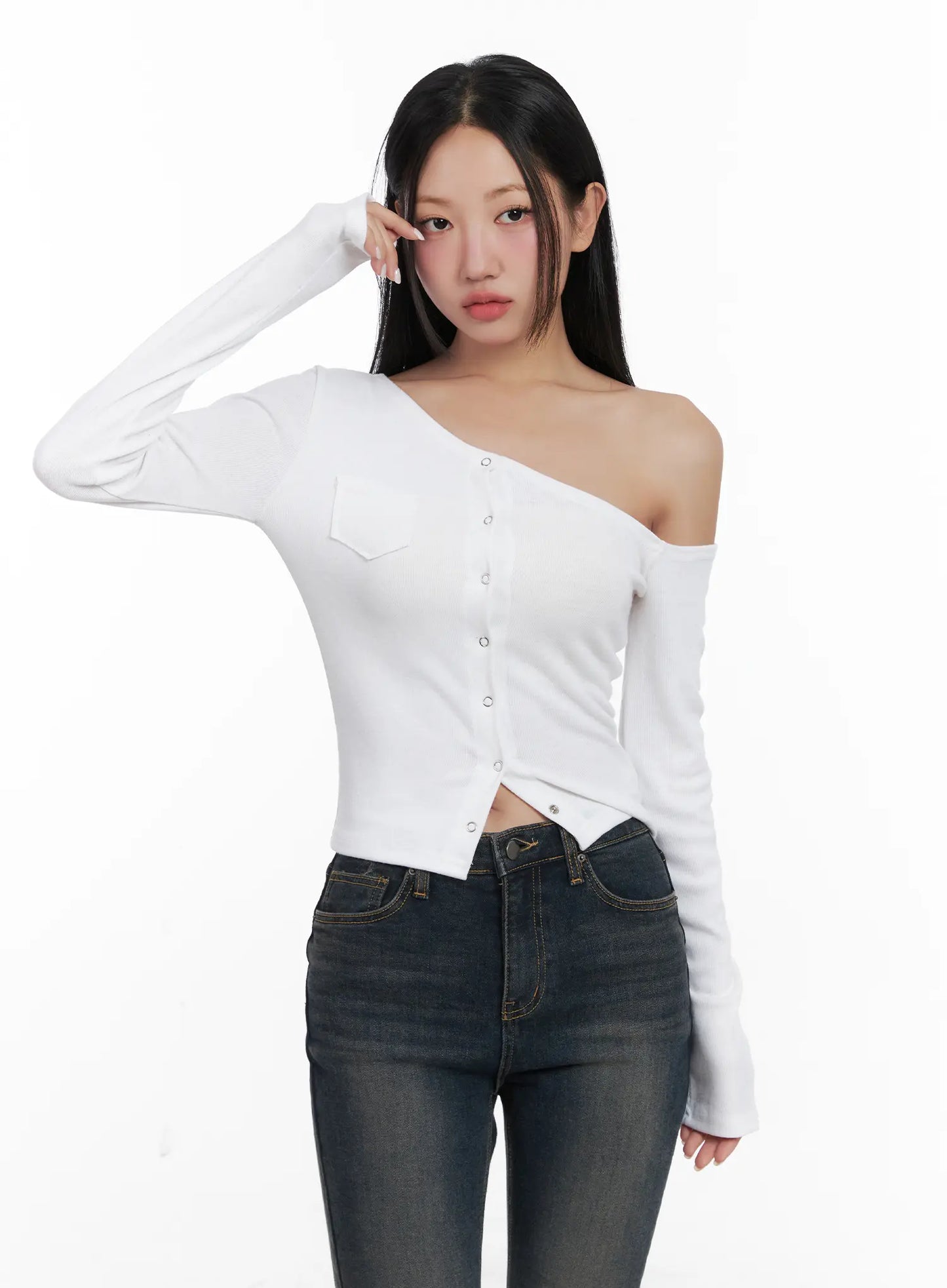 Asymmetric Buttoned Shoulder Top CD501